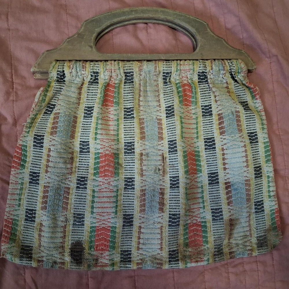 Vintage 1940s WW2 Rustic Woven Tapestry Handbag Wood Handle Tote As Is